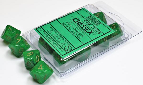 d10 Polyhédriques Vortex: Vert avec chiffres or (Paquet 10)