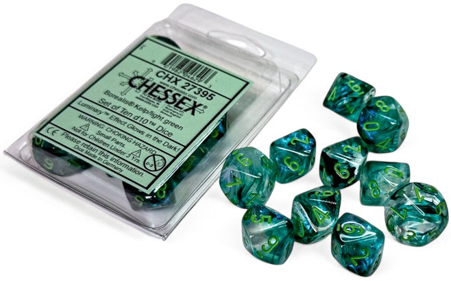 d10 polyédriques Borealis Luminary: Algue avec chiffres verts pâles (Paquet 10)