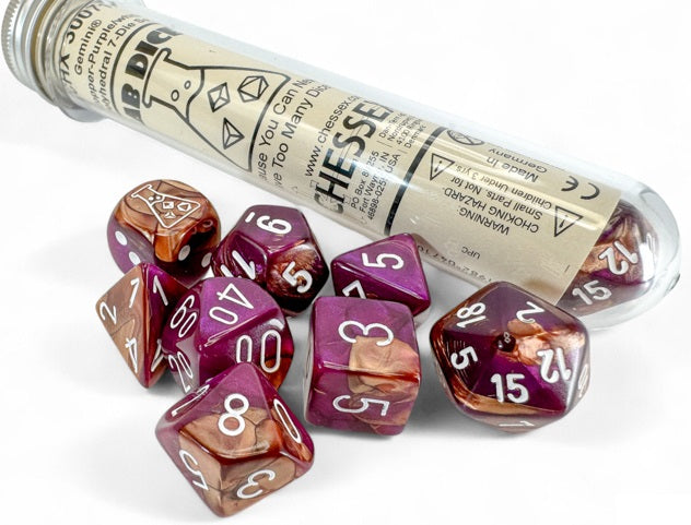 Ensemble de 7 dés polyédriques Lab Dice: Gemini cuivre violet avec chiffres blanc (D6 Bonus)
