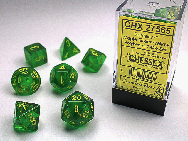 Set 7 Polyudal Dice Borealis: maple green with yellow figures