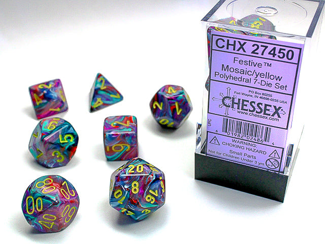 Set of 7 festive polyhedral dice: mosaic with yellow figures