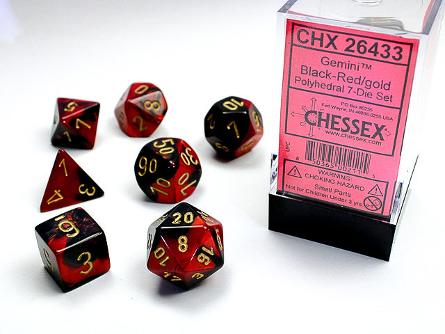 Set of 7 Polyedrical Dice Gemini: Red black with gold figures