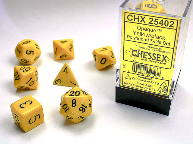 Set 7 opaque polyhedral dice: yellow with black numbers