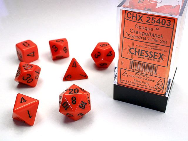 Set 7 opaque polyhedral dice: orange with black numbers