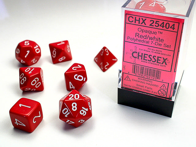 Set 7 opaque polyhedral dice: Red with white numbers