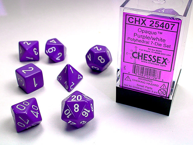 Set 7 opaque polyhedral dice: purple with white numbers