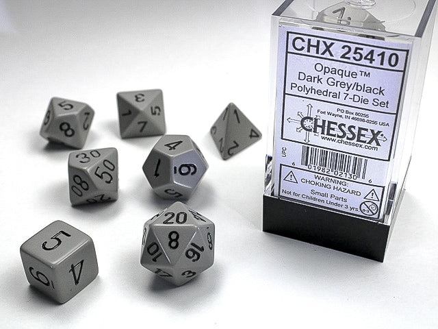 Set 7 opaque polyhedral dice: dark gray with black numbers