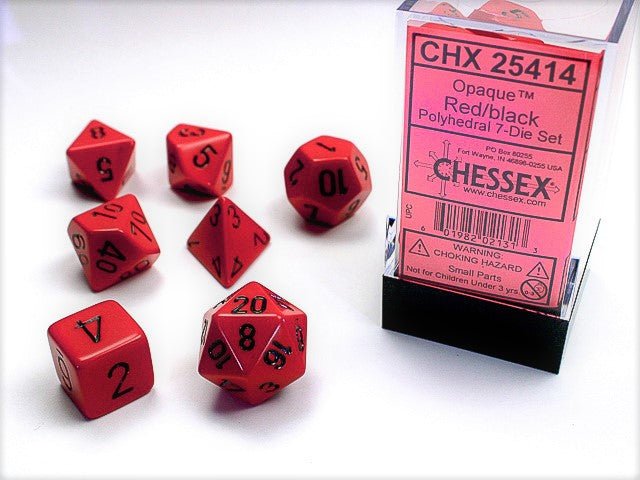 Set 7 opaque polyhedral dice: red with black numbers