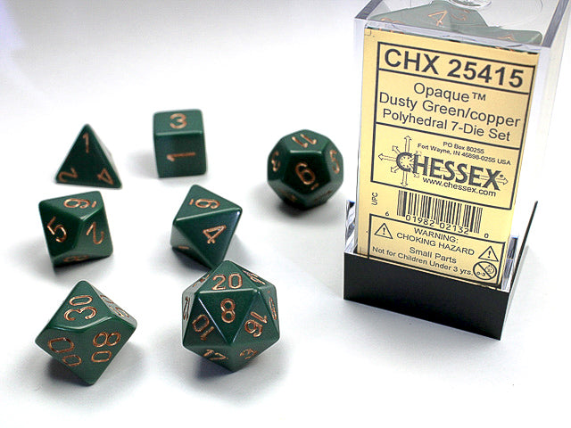 Ensemble 7 Dés Polyédriques Opaque: Vert foncé avec chiffres cuivres