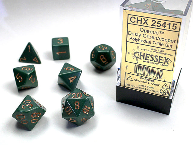 Set 7 opaque polyhedral dice: dark green with brass numbers