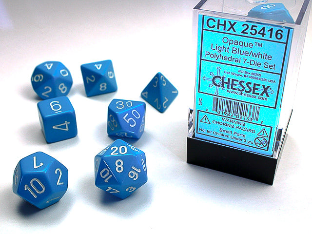 Set 7 opaque polyhedral dice: pale blue with white numbers