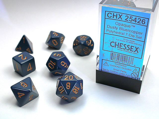 Set 7 opaque polyhedral dice: dark blue with brass numbers