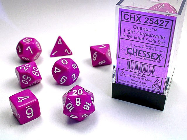 Set 7 opaque polyhedral dice: pale purple with white numbers