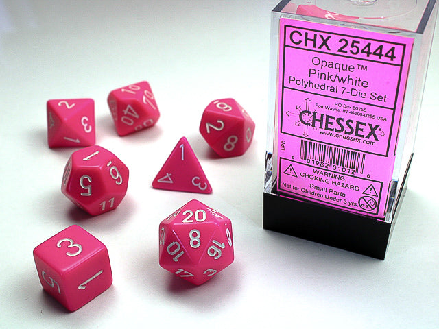 Set 7 opaque Polyhedral dice: pink with white numbers