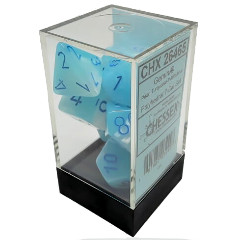 Ensemble de 7 dés polyédriques Gemini: Perlé blanc/bleu avec chiffres bleus