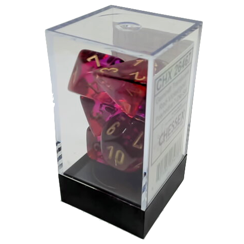 Set of 7 Polyhedral Dice Gemini: Red-Violet transparent with golden numbers