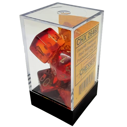 Set of 7 Polyedrical Dice Gemini: Red-Yellow transparent with golden numbers