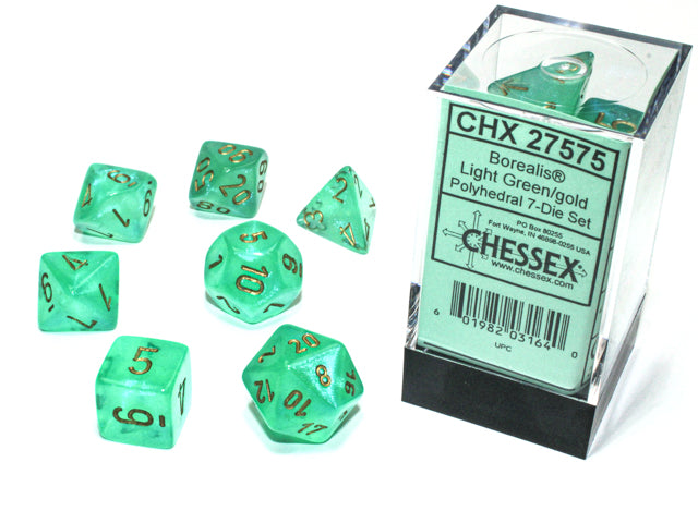 Set 7 polyhedral dice Borealis Luminary: pale green with gold numbers