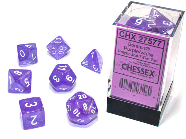 Set 7 polyhedral dice Borealis Luminary: purple with white numbers
