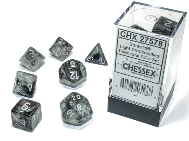 Set 7 polyhedral dice Borealis Luminary: pale smoke with silver numbers