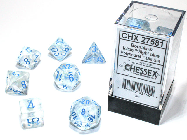 Set 7 polyhedral dice Borealis Luminary: ice cubes with pale blue numbers