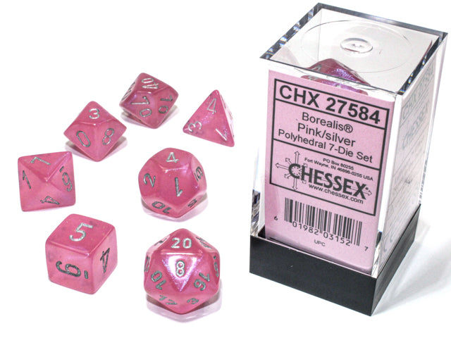 Set 7 polyhedral dice Borealis Luminary: pink with silver numbers