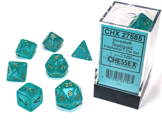 Ensemble 7 Dés Polyédriques Borealis Luminary: Turquoise avec chiffres or