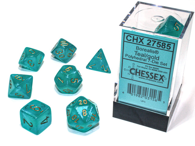 Set 7 polyhedral dice Borealis Luminary: Turquoise with gold numbers