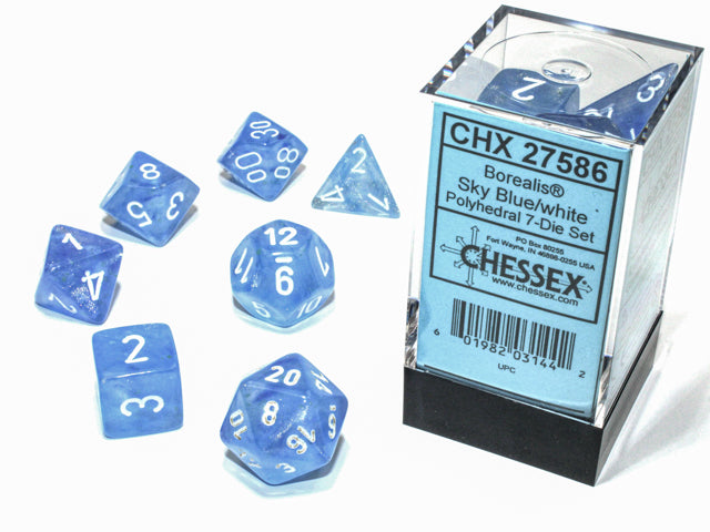 Set of 7 polyhedral dice Borealis Luminary: sky blue with white numbers