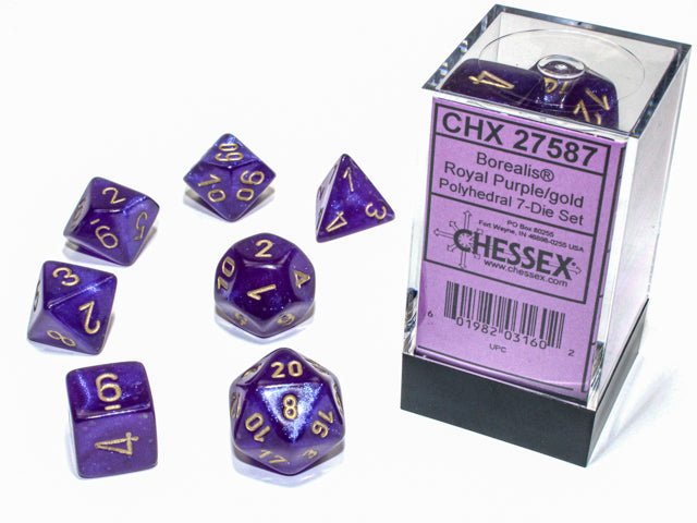 Set 7 polyhedral dice Borealis Luminary: Royal purple with gold numbers