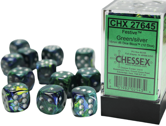 D6 Festive: Vert avec chiffres argents (Paquet 12)