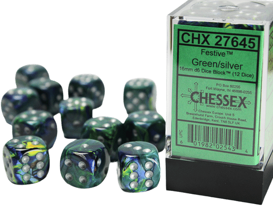 D6 Festive: Green with silver numbers (Pack of 12)