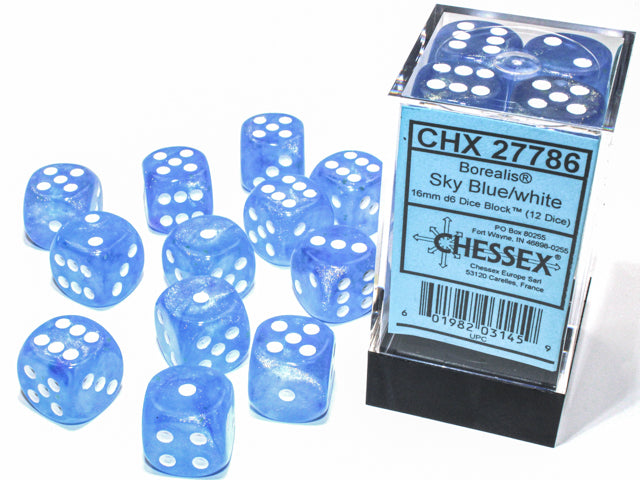 D6 Borealis: Sky blue with white numbers (Pack of 12)
