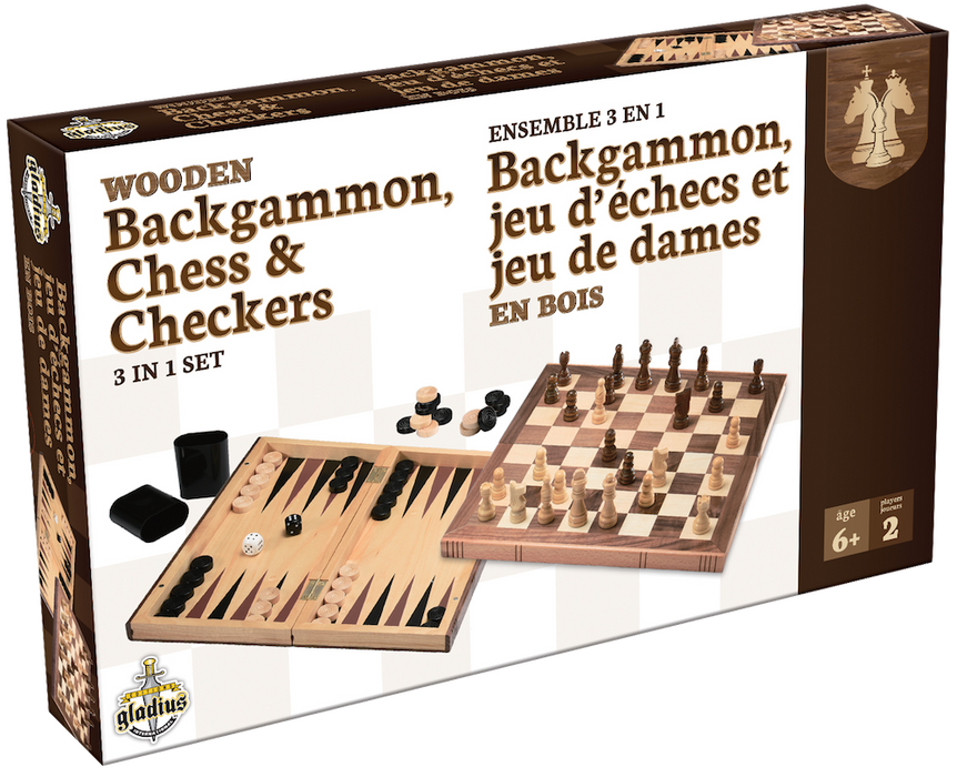 Ensemble 3 en 1 Backgammon, Échecs et Dames (français)
