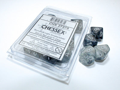 d10 Polyhedral Borealis Luminary: Smoke Gray with Silver Numbers (Pack of 10)