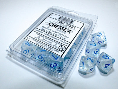 d10 polyédriques Borealis Luminary: Glaçons avec chiffres bleus (Paquet 10)