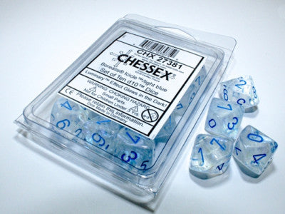 d10 Polyhedral Borealis Luminary: Ice Cubes with Blue Numbers (Pack of 10)