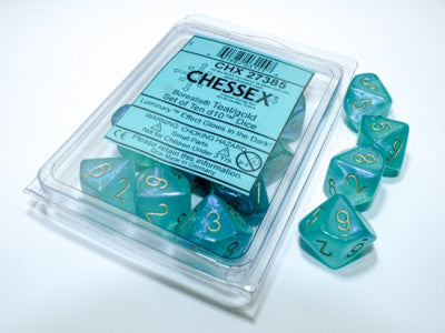 d10 polyédriques Borealis Luminary: Sarcelle avec chiffres dorés (Paquet 10)