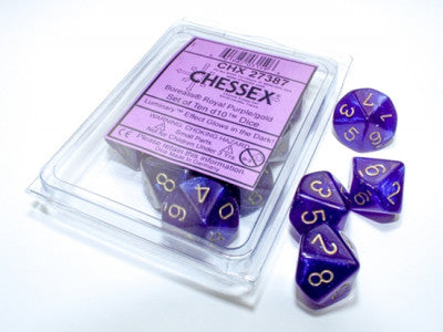 d10 Polyhedral Borealis Luminary: Royal Purple with Golden Numbers (Pack of 10)