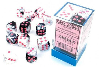 d6 Gemini: Noir et Blanc avec chiffres roses (Paquet 12)