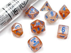 Set of 7 polyhedral dice: Pink-Gold with Pale Blue numbers