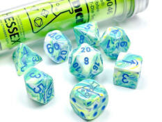Set of 7 polyhedral dice: Festive garden with blue numbers