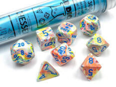 Set of 7 polyhedral dice: Festive kaleidoscope with blue numbers