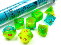Set of 7 polyhedral dice: Gemini Luminary Green Plama-Sarcelle with Orange numbers