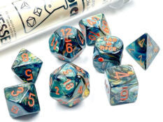Set of 7 polyhedral dice: Salamander lustrous with orange numbers